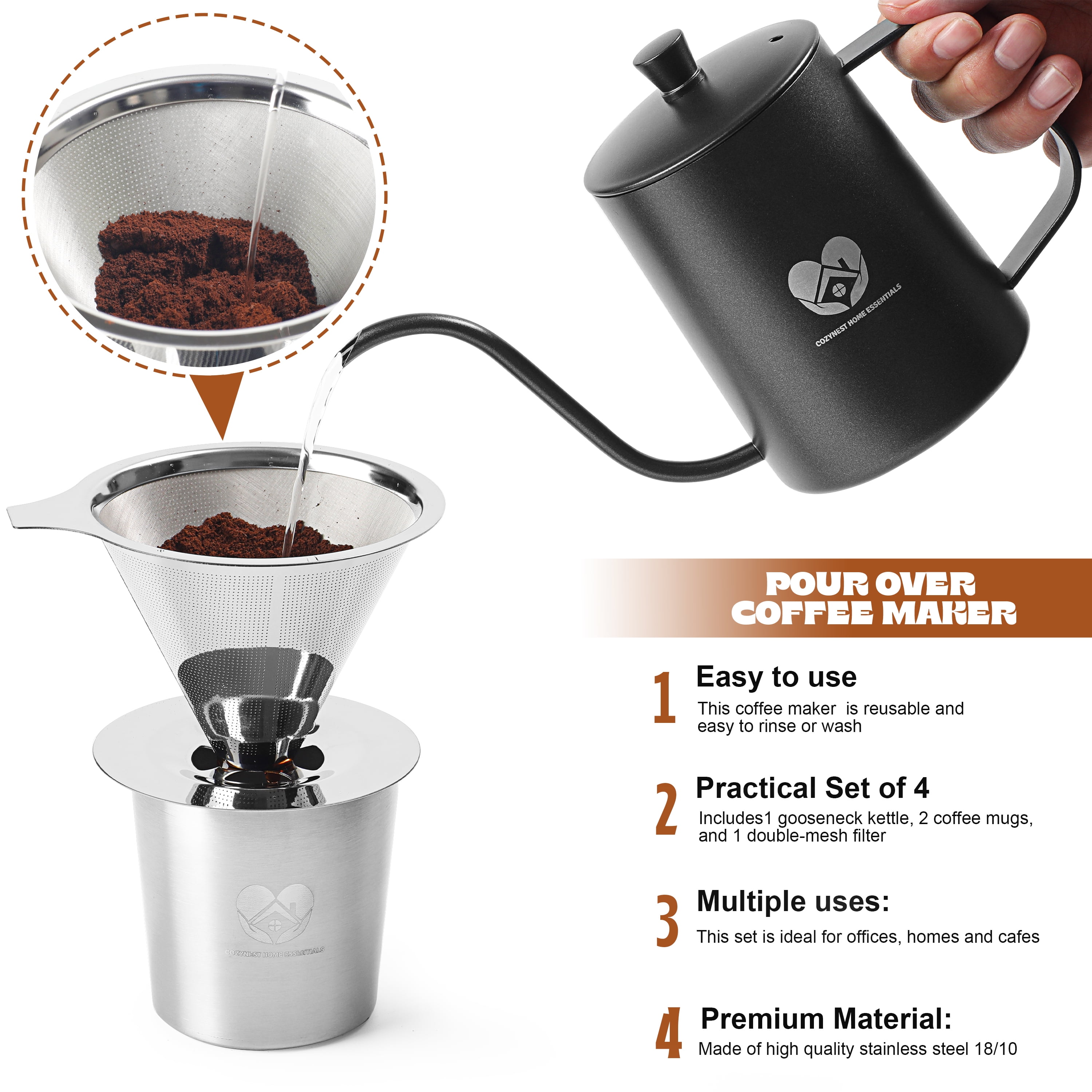 CozyNest Home Essentials- Stainless Steel Pour over Coffee Maker 4pcs Gift Set; Brand New.