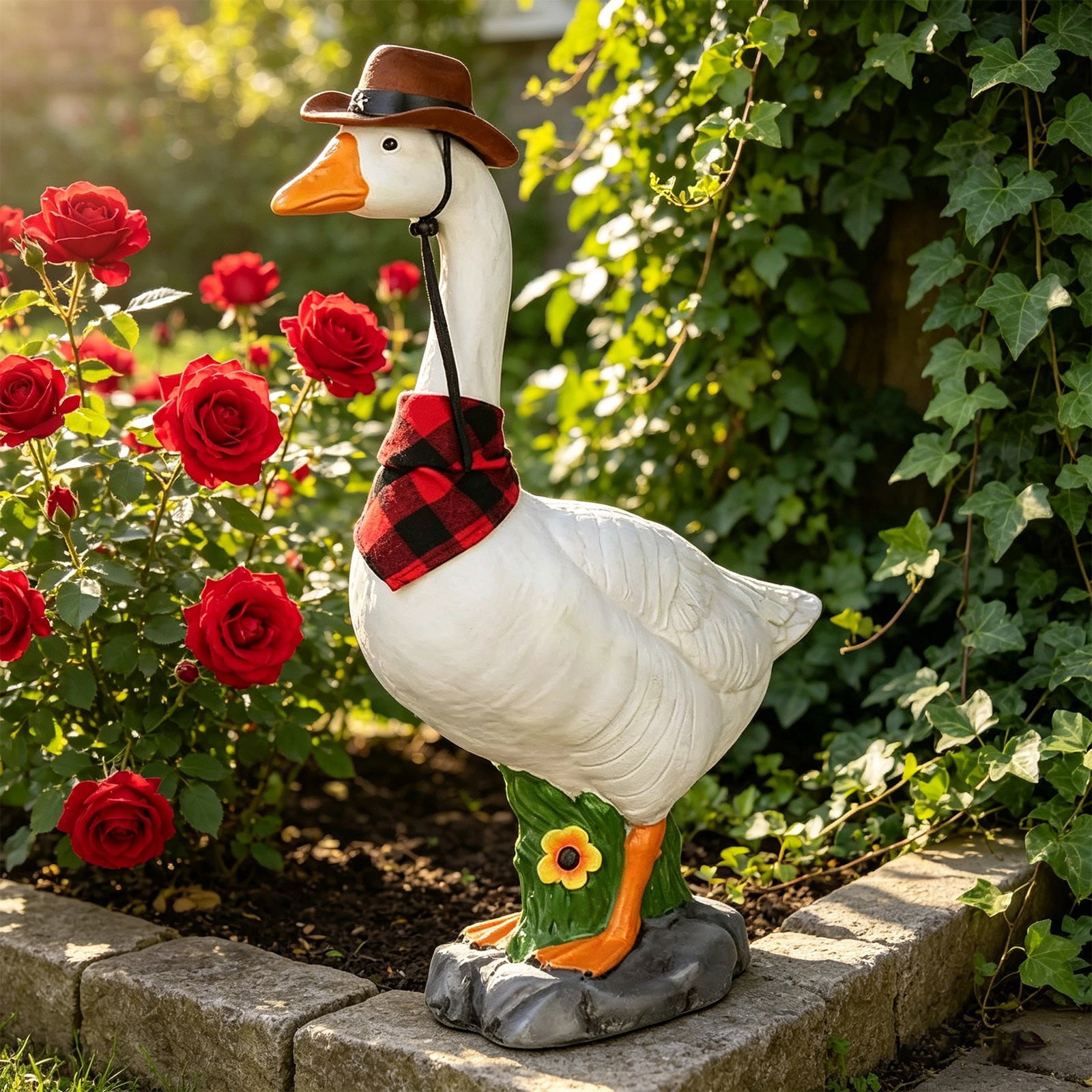 AHGQT Premium Adjustable Large Porch Goose Statue, 14” Realistic Hollow Plastic Garden Goose with Removable Cowboy Hat & Bandana, Stone Base with Sand-Fillable Design for Outdoor Stability