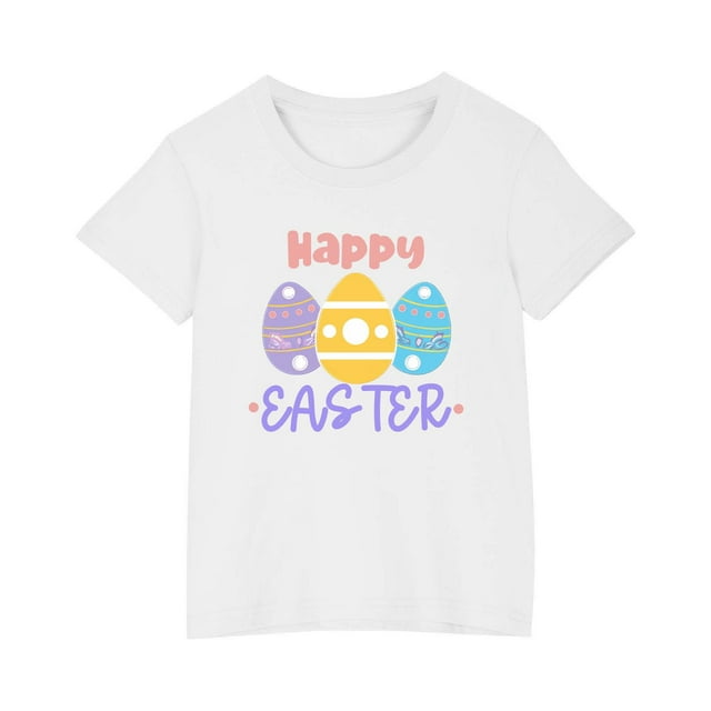 Virmaxy Kids Easter Egg Hunt Outfit - Cute Rabbit Graphic Cotton T-Shirt with "Happy Easter" Text for Toddler Boys & Girls Playdate, Sunday Brunch White-8 7 Years