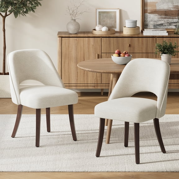 EOP Upholstered Dining Chairs Set of 2, Wooden Dining Side Chairs with Curved Backrest & Cushion, Ergonomic Fabric Chairs For Dining Room, Living Room, Cafe & Kitchen, Beige