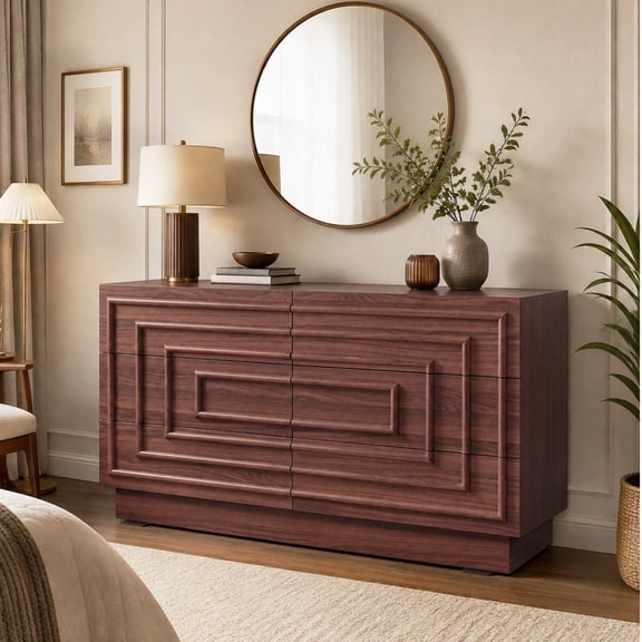 Alvantor 57" 6 Drawer Dresser, Modern Chest of Drawers TV Stand, Brown