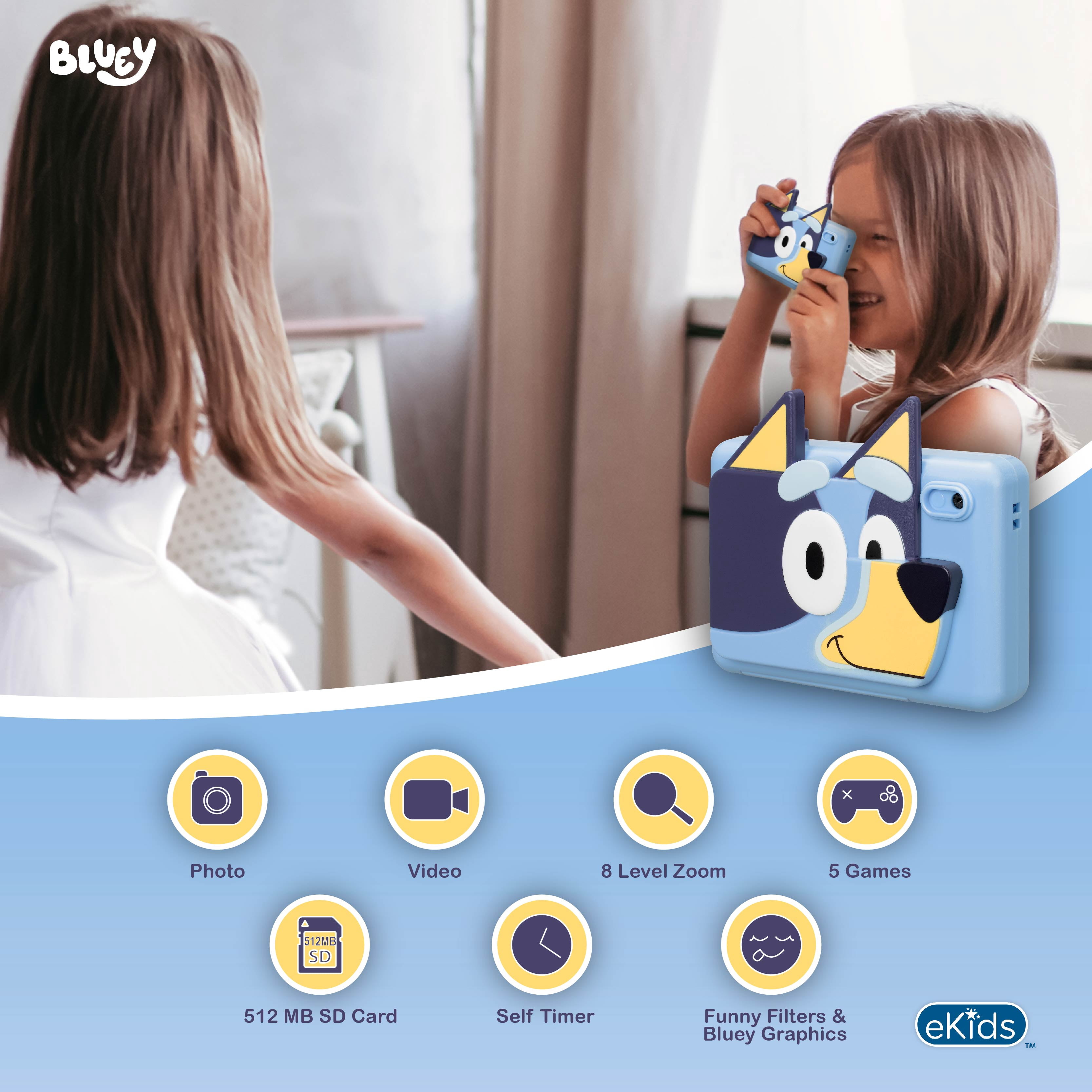 ekids Bluey Kids Camera with SD Card, Digital Camera for Kids with Built-in Digital Stickers