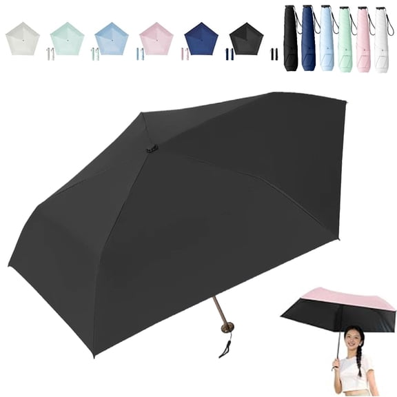 Pencil Umbrella, Ultra Light Compact Folding Travel Umbrella with UPF 50 Sun Protection, Pocket Parasol for Rain and Sun, Fits Handbag and Backpack,Black