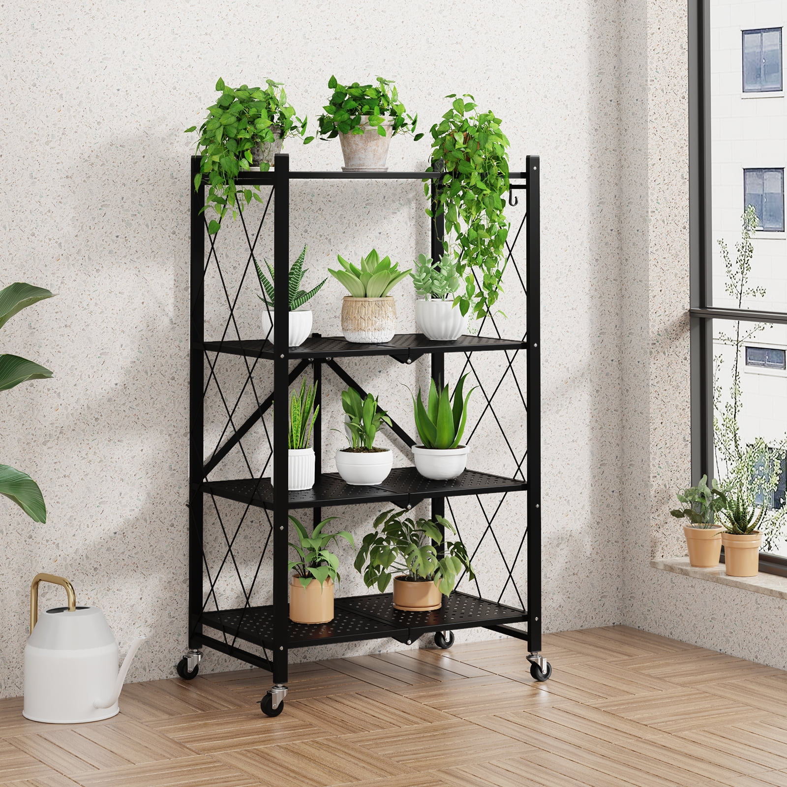 SUGIFT 4-Tier Foldable Metal Storage Shelf with Wheels, No Assembly, Heavy-Duty Organizer (600 lbs), Black