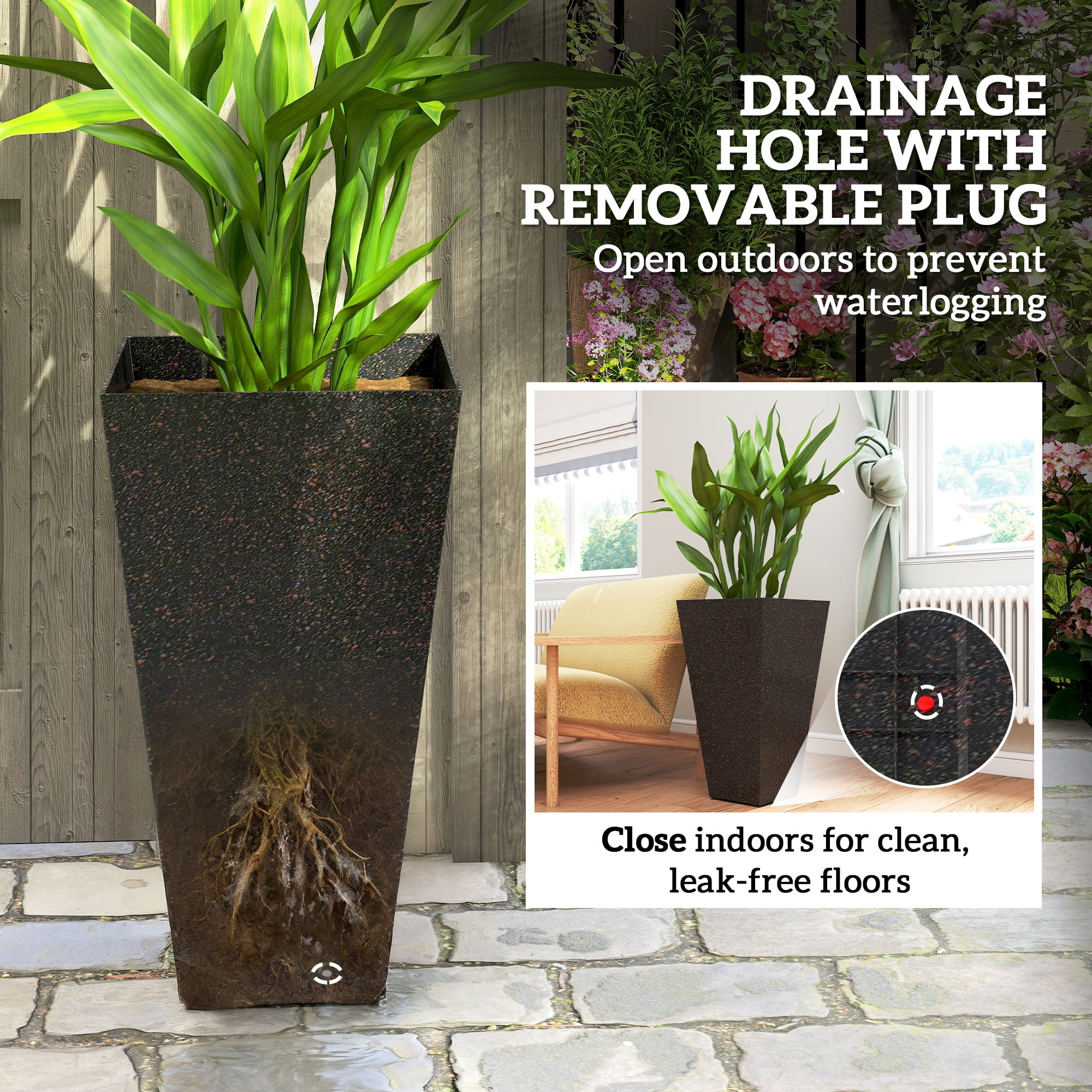 Outsunny 28" Tall Planters, Set of 3 Plastic Flower Pots with Marble Finish and Drainage Holes, Stackable Tapered Outdoor Planters, Brown