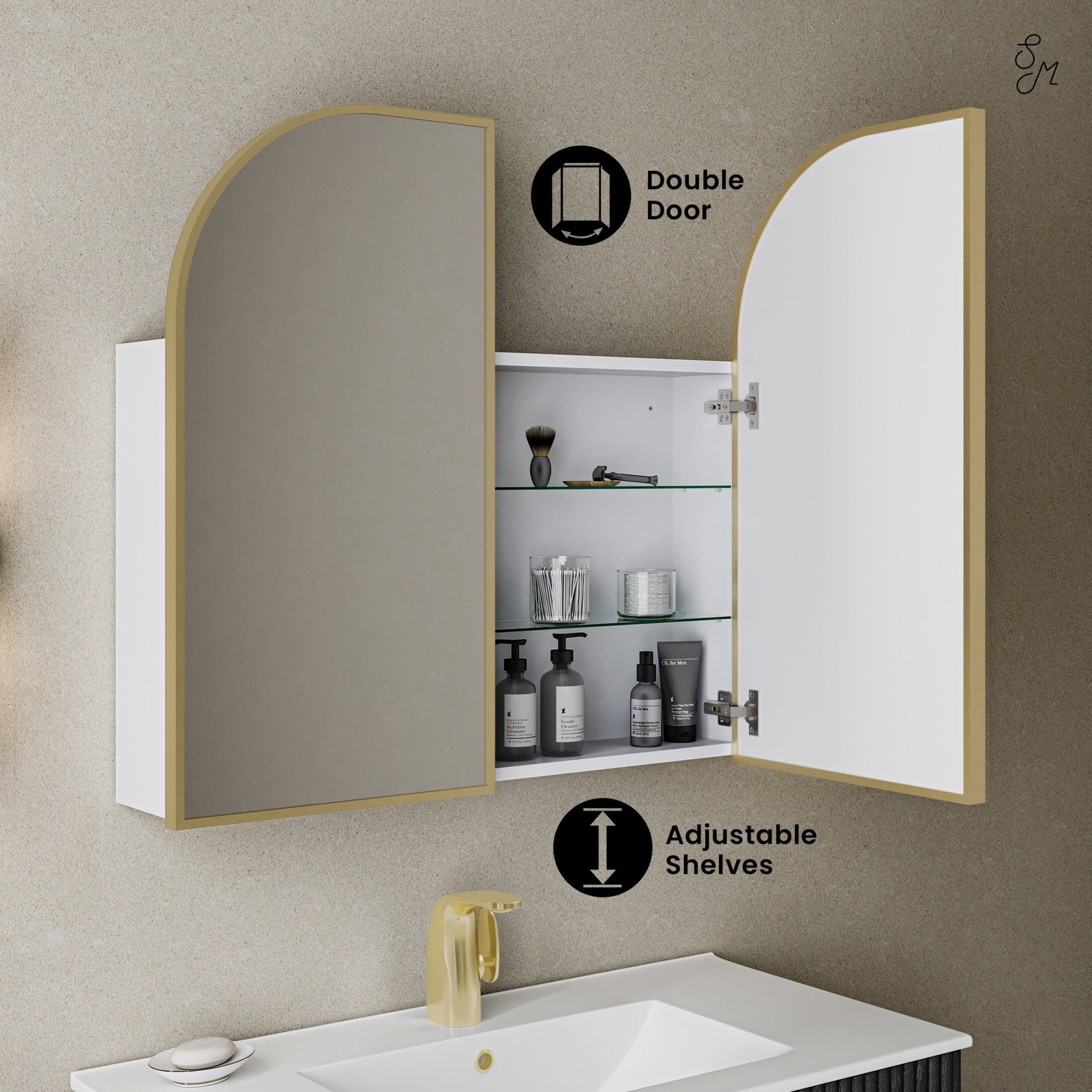Porte 32 x 31 Arched Recessed/Wall Mount Medicine Cabinet with Mirror in Gold