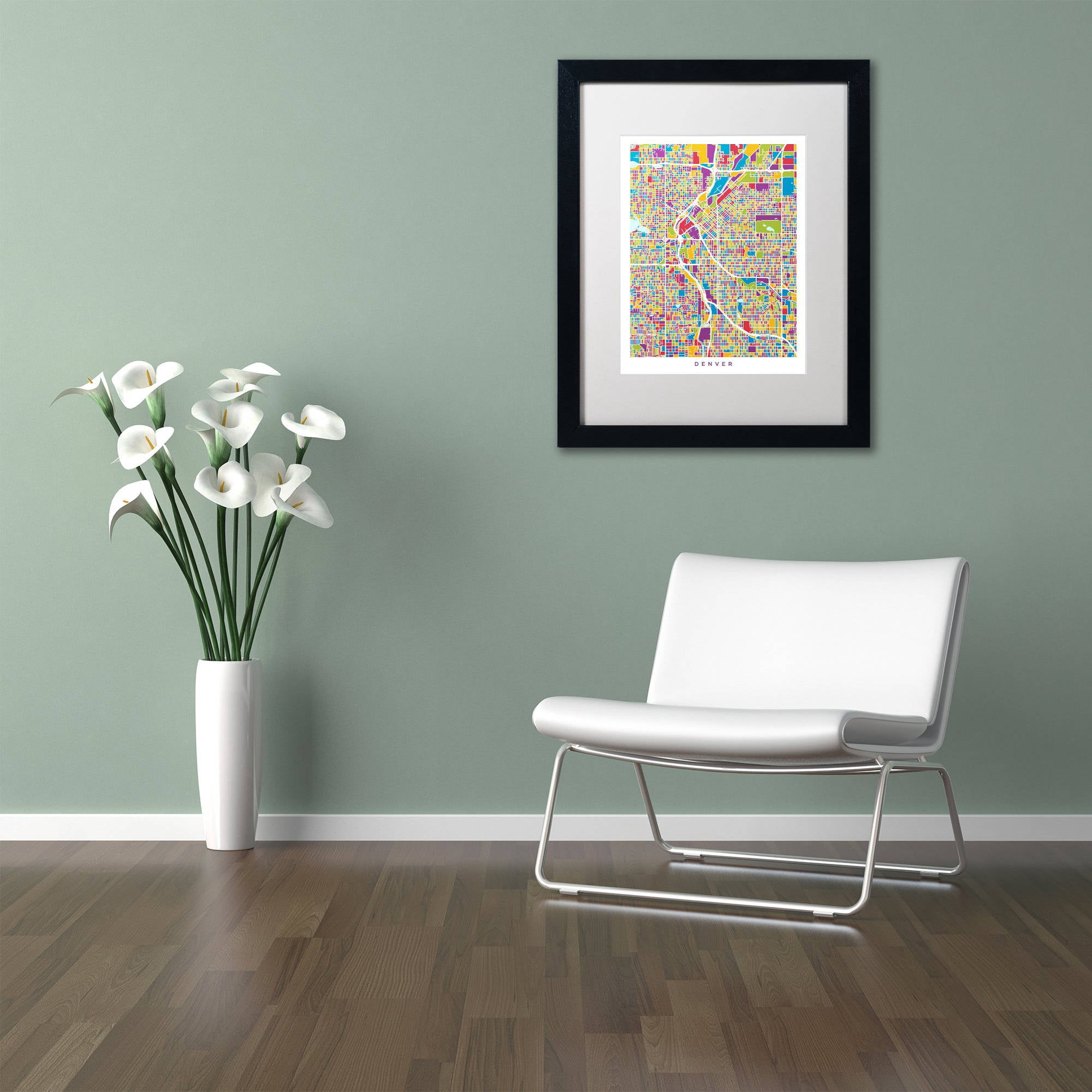 Trademark Fine Art "Denver Colorado Street Map 2" Canvas Art by Michael Tompsett, White Matte, Black Frame