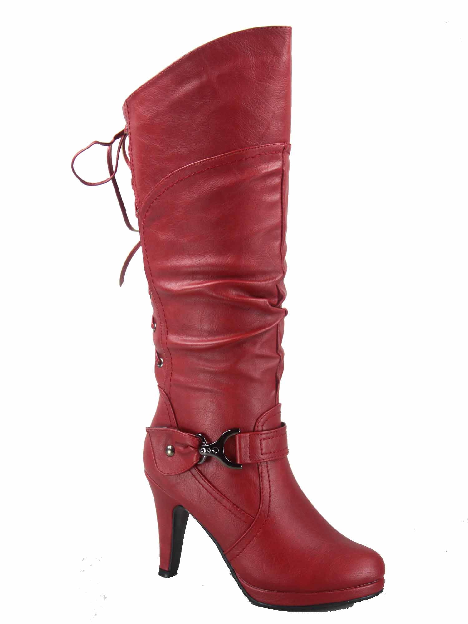 Top Moda - Page-65 Women's Back Lace Up Round Toe High Heel Platform Mid-Calf Knee High Boots