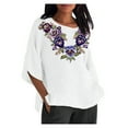 thumbnail image 2 of Fartey 3/4 Sleeve Tops for Women Plus Size Retro Floral Print Cotton Linen Shirts Soft Comfy Crew Neck Side Slit Blouses Summer Casual Breathable Beach Vacation Tops, 2 of 4