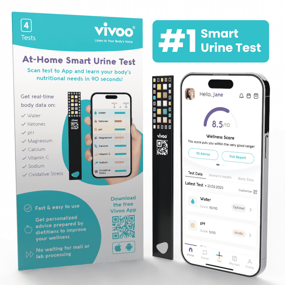 Vivoo Urine Test Strips for At-Home Wellness: 8-in-1 Advanced Urine Test for Ketones, pH, Hydration, Calcium, Vitamin C & More | Fast Results in 90 Seconds | Free App & Personalized Insights