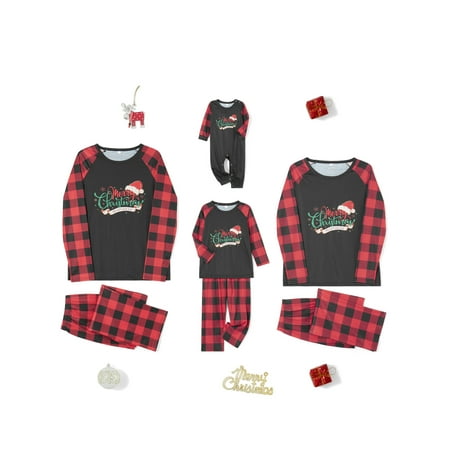 

Peyakidsaa Christmas Family Pajamas Matching Set Letter Santa Hat Print Long Sleeve Tops Plaid Pants Sleepwear