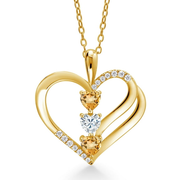 18K Yellow Gold Plated Silver Yellow Citrine and White Moissanite 3-Stone Pendant Necklace for Women (0.77 Cttw, Gemstone November Birthstone, Heart Shape 4MM, with 18 inch Silver Chain)