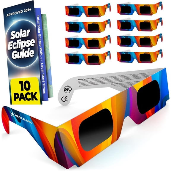 Solar Eclipse Glasses 10 pack - 2024 CE and ISO Certified Multicolor Safe Shades for Direct Sun Viewing - MedicalKingUsa