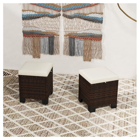 Wicker Outdoor Ottomans 2 Piece Set, Rattan Footrest Cushions, Patio Side Table, Beige