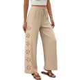 thumbnail image 5 of Lmueinov 100% Cotton Summer Pants for Women High Waist Drawstring Wide Leg Cutout Trousers Loose Solid Breathable Flowy Lounge Pants for Vacation Work Everyday Wear, 5 of 5
