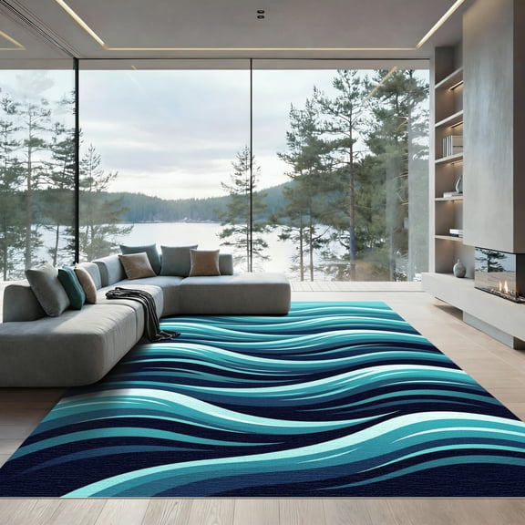 ODIKA 4'x6' Machine Washable Non-Slip Area Rug, Abstract Teal High Traffic Rug, Blue, 950862