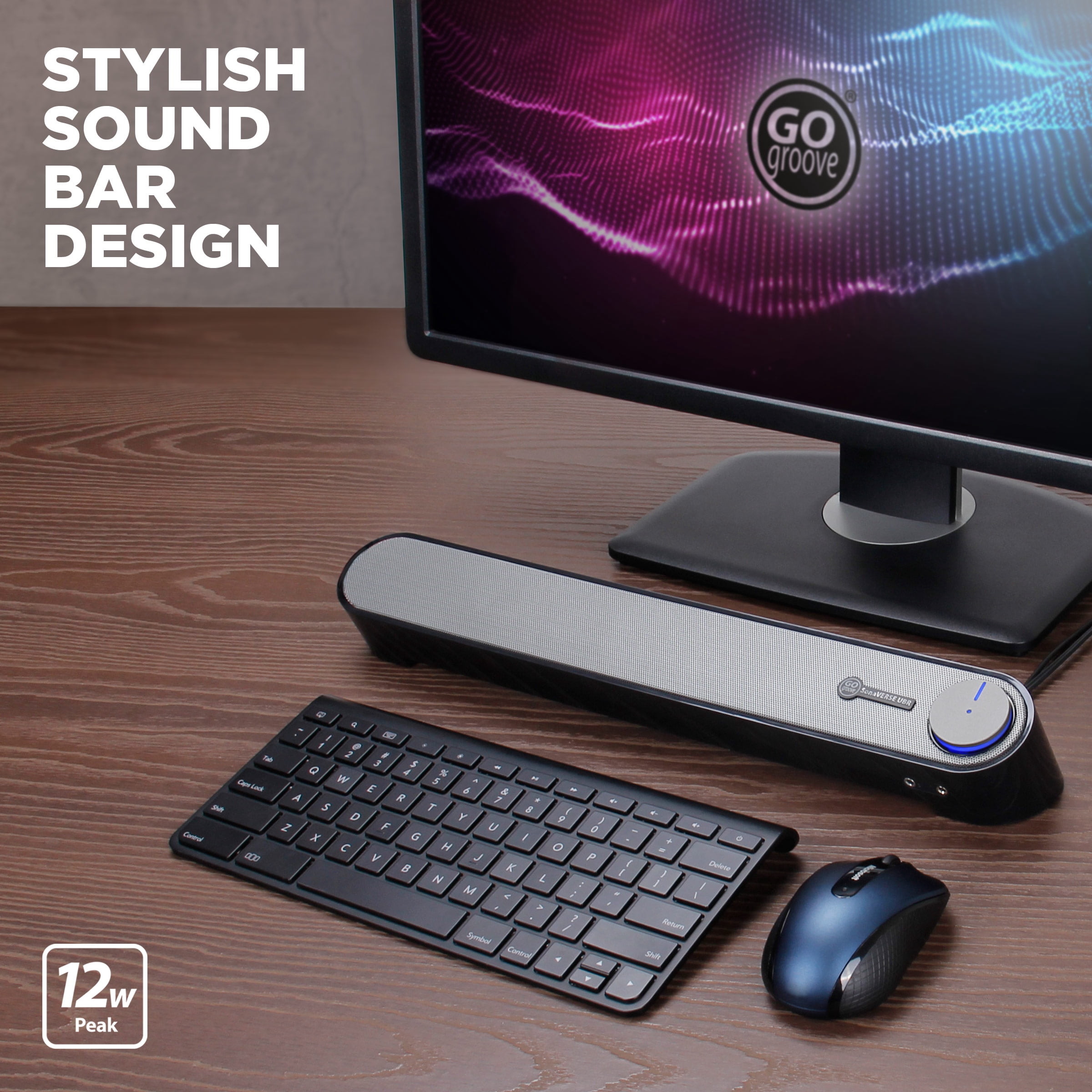 GOgroove UBR USB Computer Sound Bar Speaker with Angled Design and 3.5mm Headphone & Microphone Jack