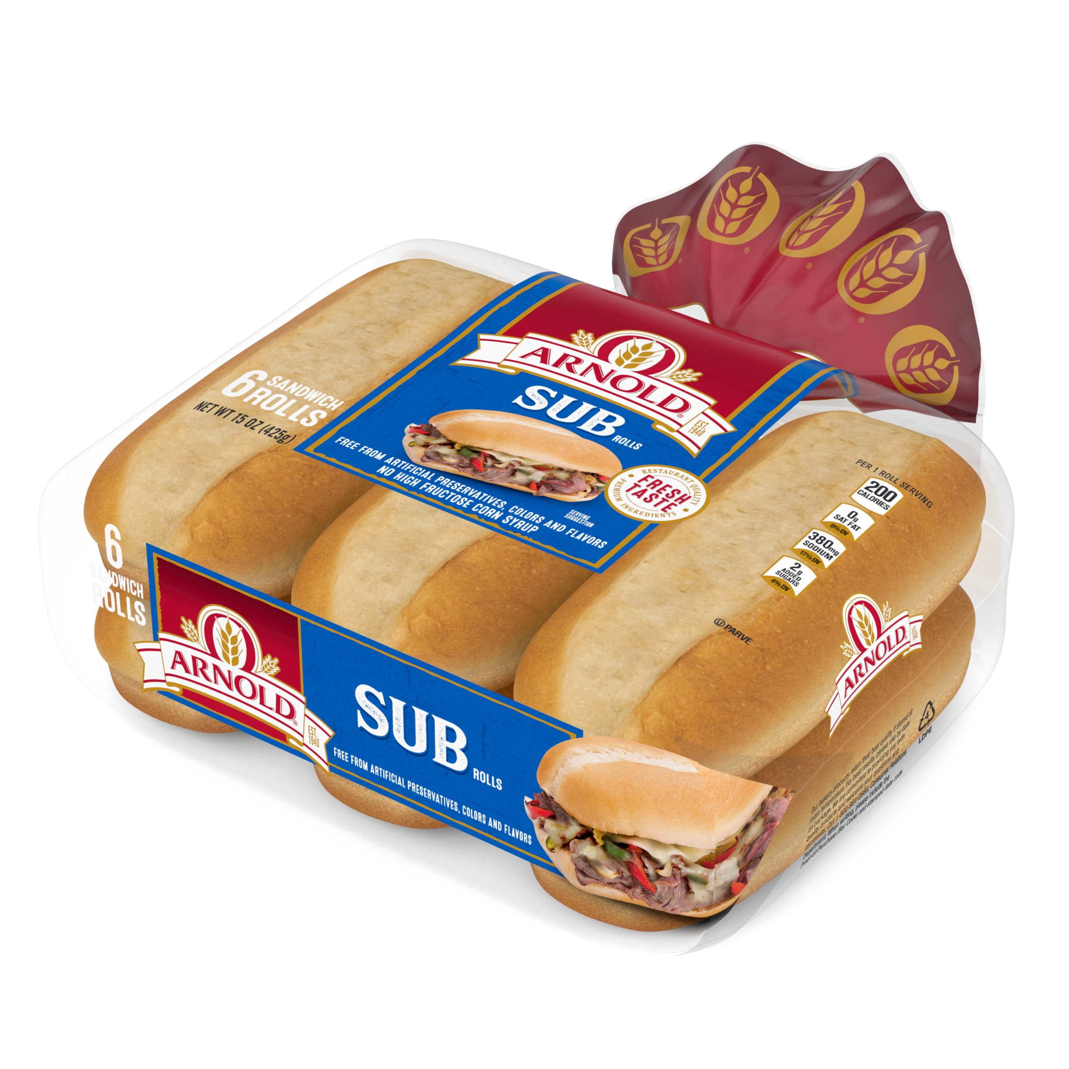 Arnold Sub Rolls, 6 count, Plain Sandwich Rolls, 15 oz Bag