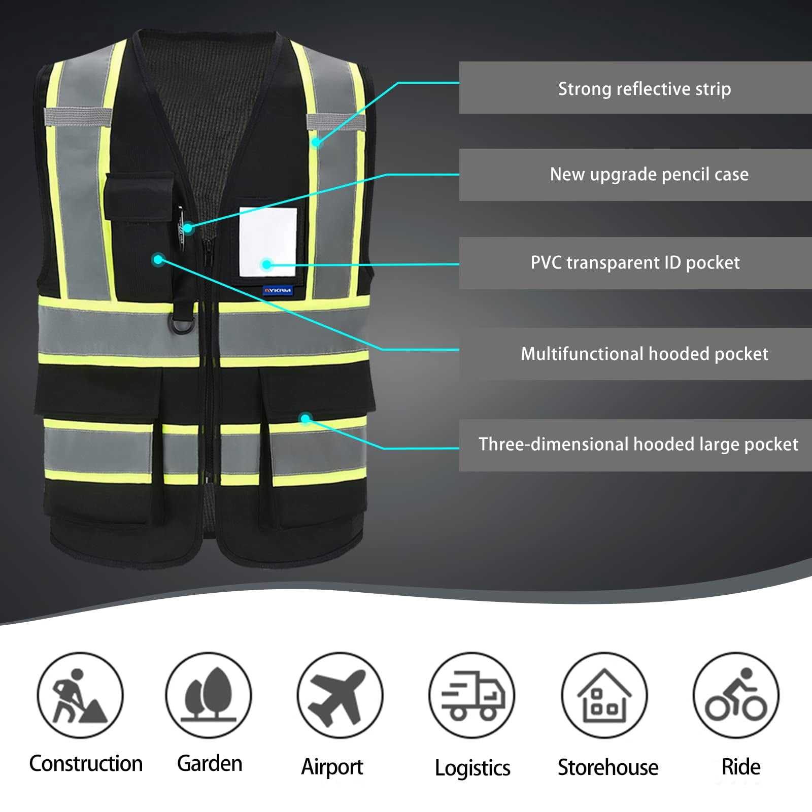 AYKRM Security Vest for Men Women 7 Pockets High Visibility Reflective Safety Vest Front Zipper Meets ANSI/ISEA