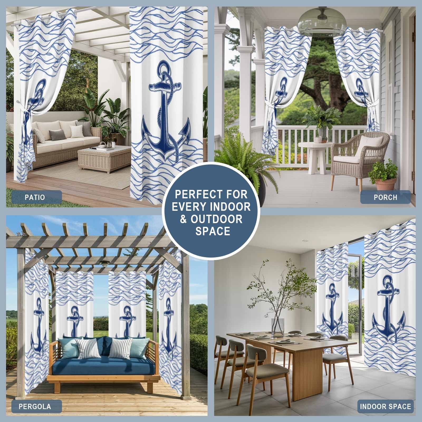 Blue White Anchor Outdoor Curtains for Patio, Nautical Navy Blue Ocean Waves Anchor Sunshade Privacy Drapes Grommet Waterproof Outside Curtains for Porch/Cabana/Balcony 54"x 95", 2 Panel