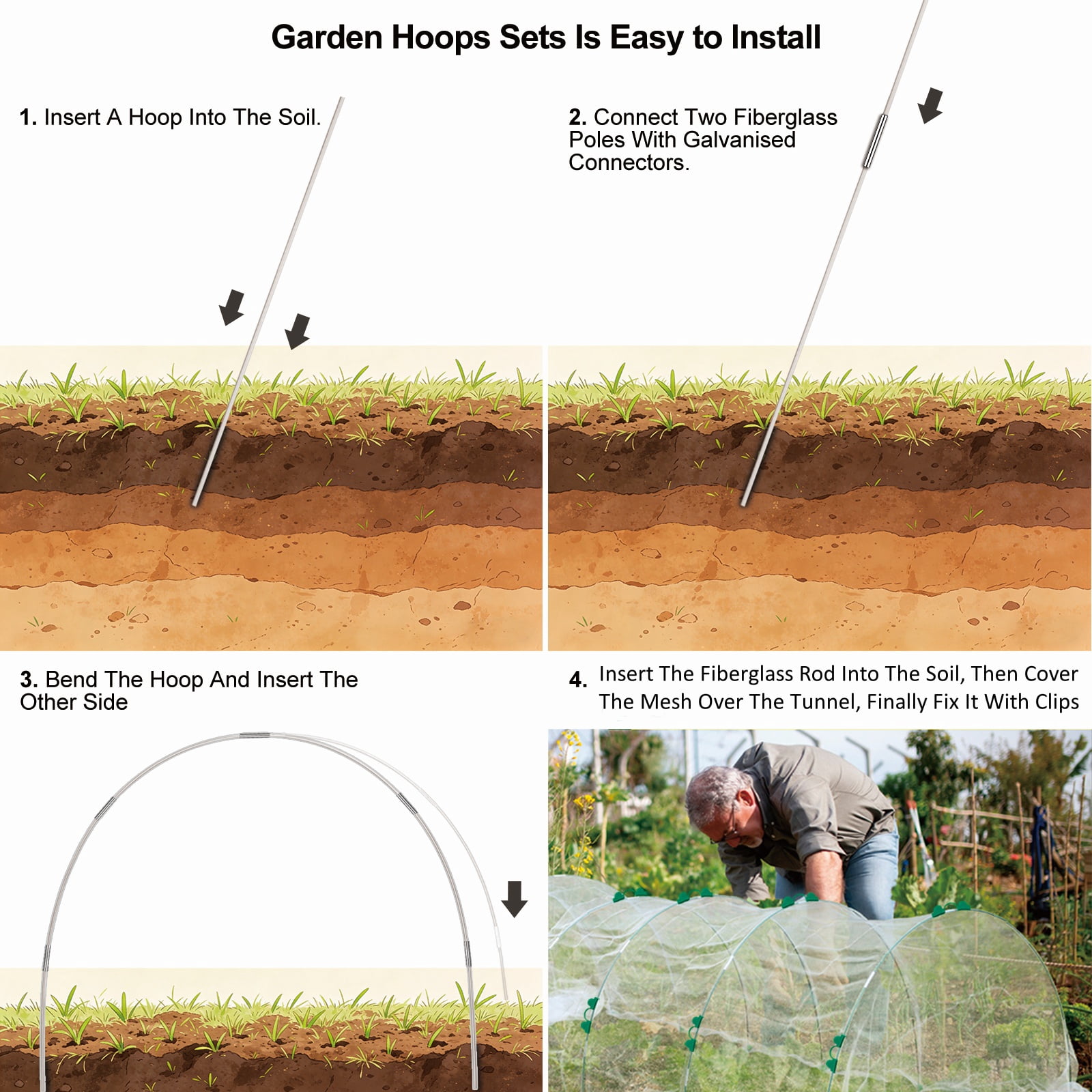 8FT Garden Hoops Grow Tunnel Kit - Rust-Free Fiberglass Frame for Raised Beds, 72pcs - DIY Plant Support for Garden Netting, Vegetable Garden Hoops Kit, Row Covers, and Greenhouse Protection