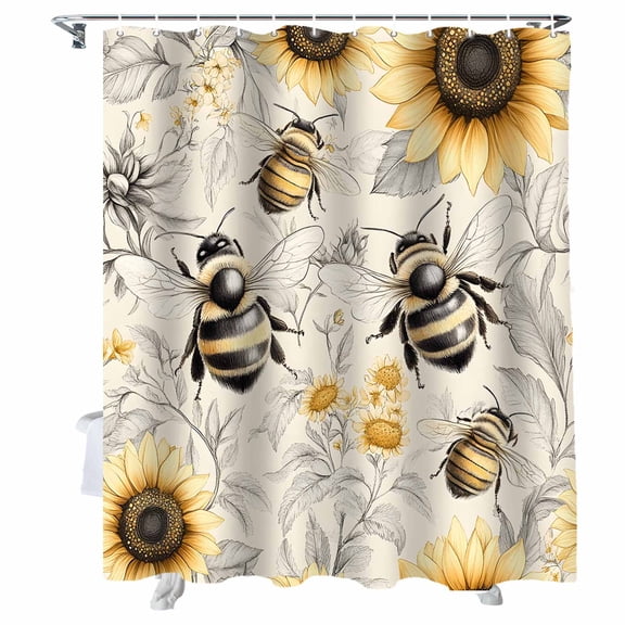 Shower Curtains Bee Sunflower Bath Curtain Vintage Floral Waterproof Bathroom Shower Curtain Set with Hooks Decoration 36 x 72 Inches
