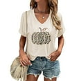 thumbnail image 2 of WREESH Womens Thanksgiving Leopard Pumpkin Graphic Tees Short Sleeve V Neck T Shirts Fall Tops 2025 White, 2 of 4