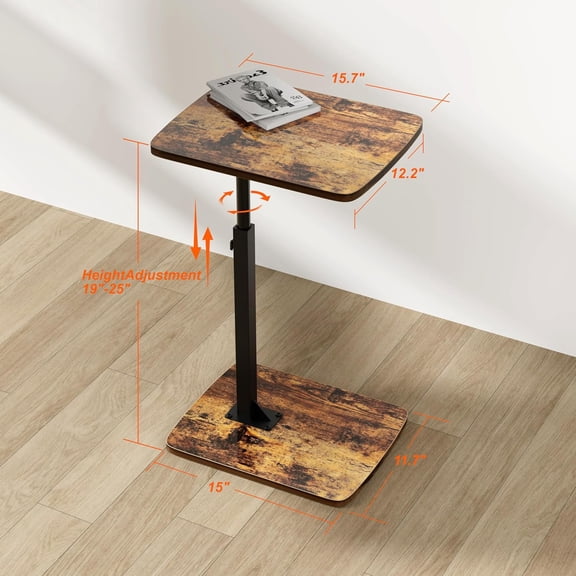 TV Tray Table for Small Spaces with 360 °   Swivel Tabletop & Height Adjustable,C Shaped Sofa Arm End Side Table, Bed Tray Stand for Eating Laptop,Living Room, Bedroom,Breakfast (Wood Base)