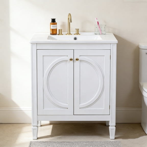 Fehomix 30" No Assembly Bathroom Vanity with Integrated Ceramic Sink, Soft-Close Doors & Drawer, Modern Farmhouse Freestanding Cabinet, White