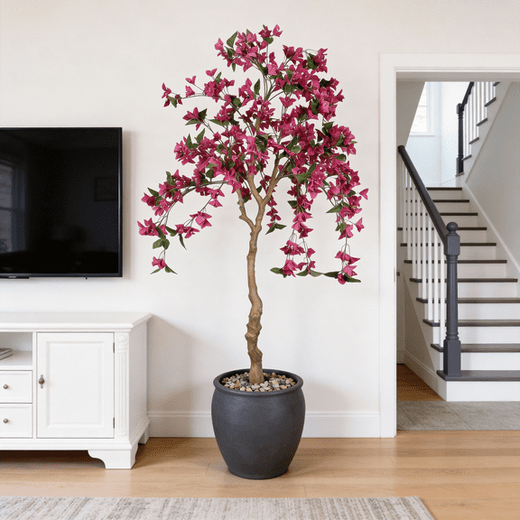 6FT Bougainvillea Artificial Tree in Black Plastic Pot
