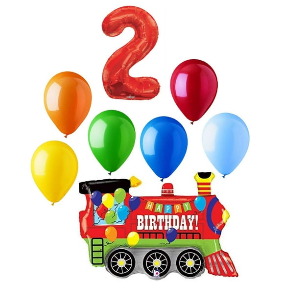 #2 Train Choo Choo 8 Piece Happy 2nd Birthday Mylar and Latex Balloons Set
