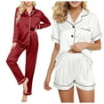 thumbnail image 2 of Couples Pajamas Sets Women & Men Satin Short Sleeve Sleepwear Button Down Loungewear Pjs Set with Pants, 2 of 4