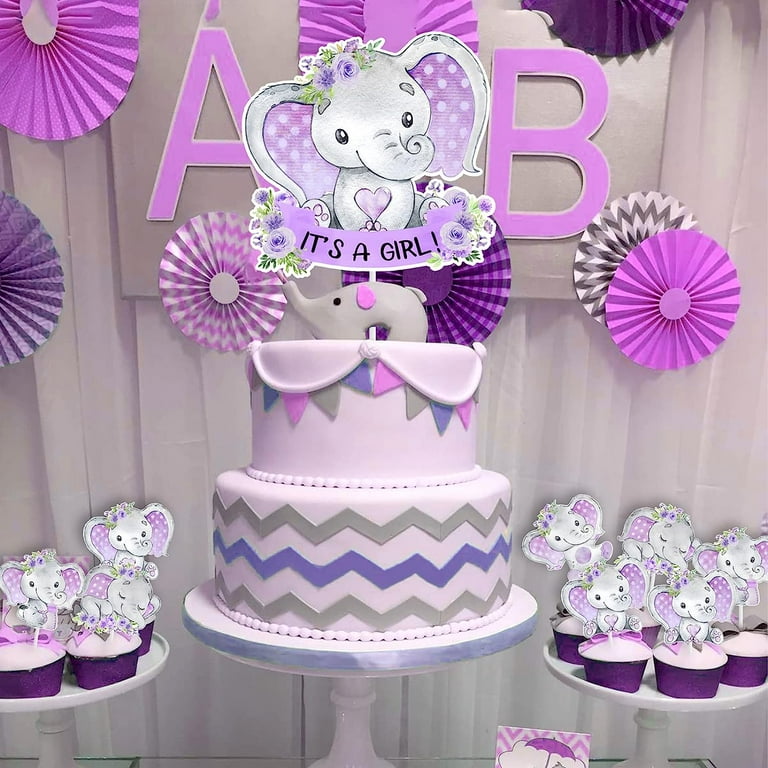 Joymemo Purple Elephant Baby Shower Cake Decorations, It's a Girl