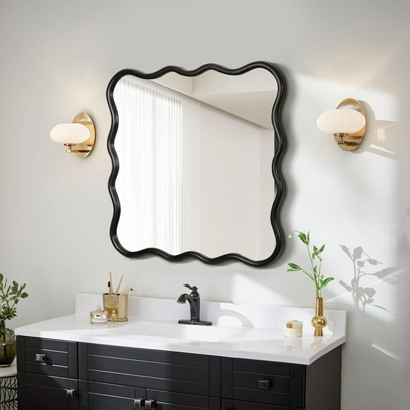 Wavy Wall Mirror 36"x36" Square Modern Solid Wood Frame Bathroom Vanity Mirror Living Room Decor Mirror for Bedroom Cloakroom Entryway, Black