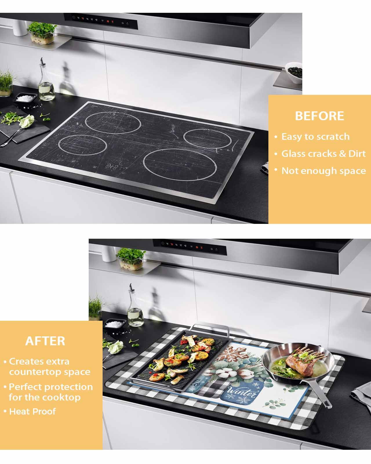 Large Induction Cooktop Protector Mat Christmas Stove Top Covers for Electric Stove, Winter Snowflakes Flowers Eucalyptus Leaves Plaid Decorative Stove Burner Cover Mats, Glass Top Stove Cover