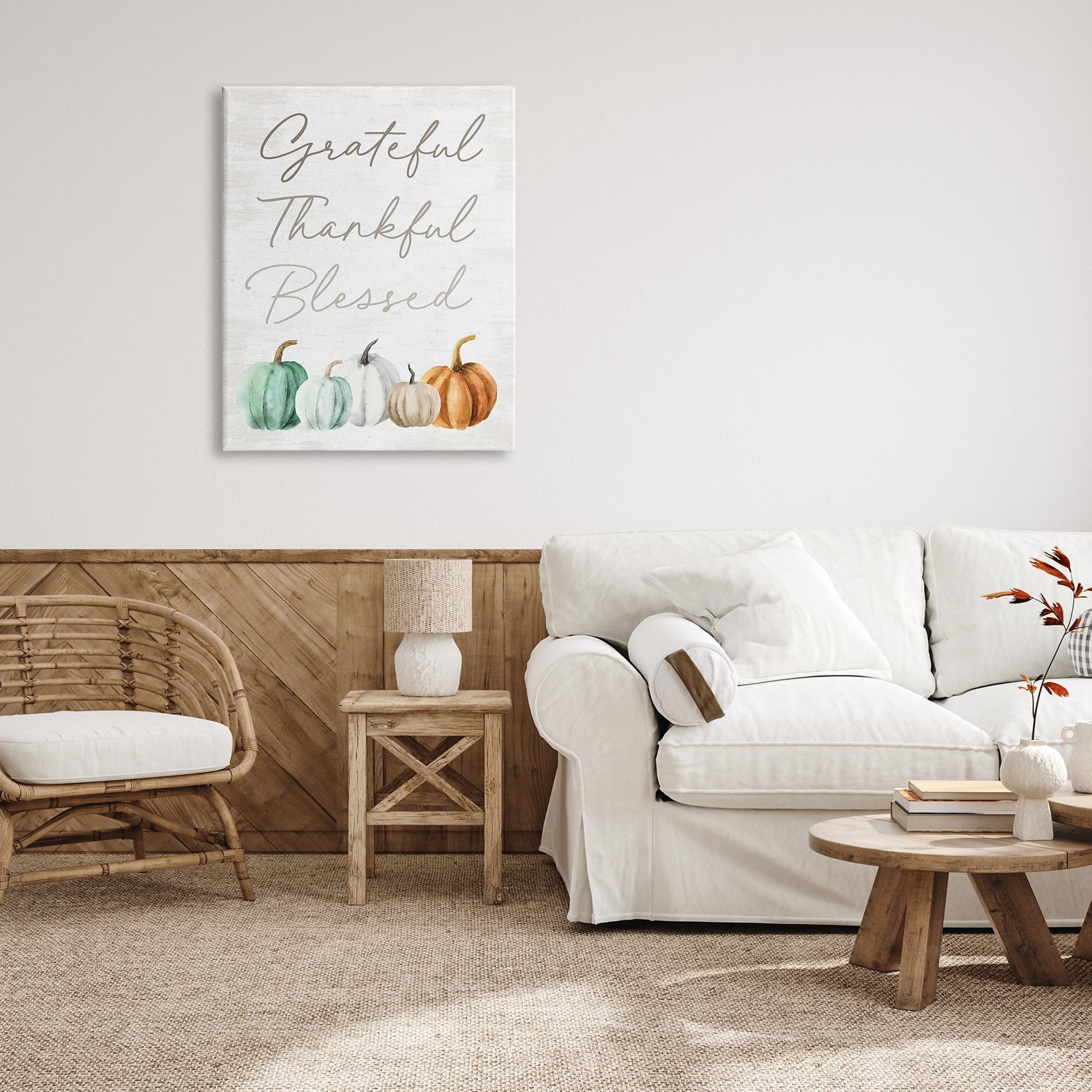 Grateful Thankful Blessed Script Rustic Arranged Pumpkins Botanical & Floral Graphic Art Gallery-Wrapped Canvas Print Wall Art