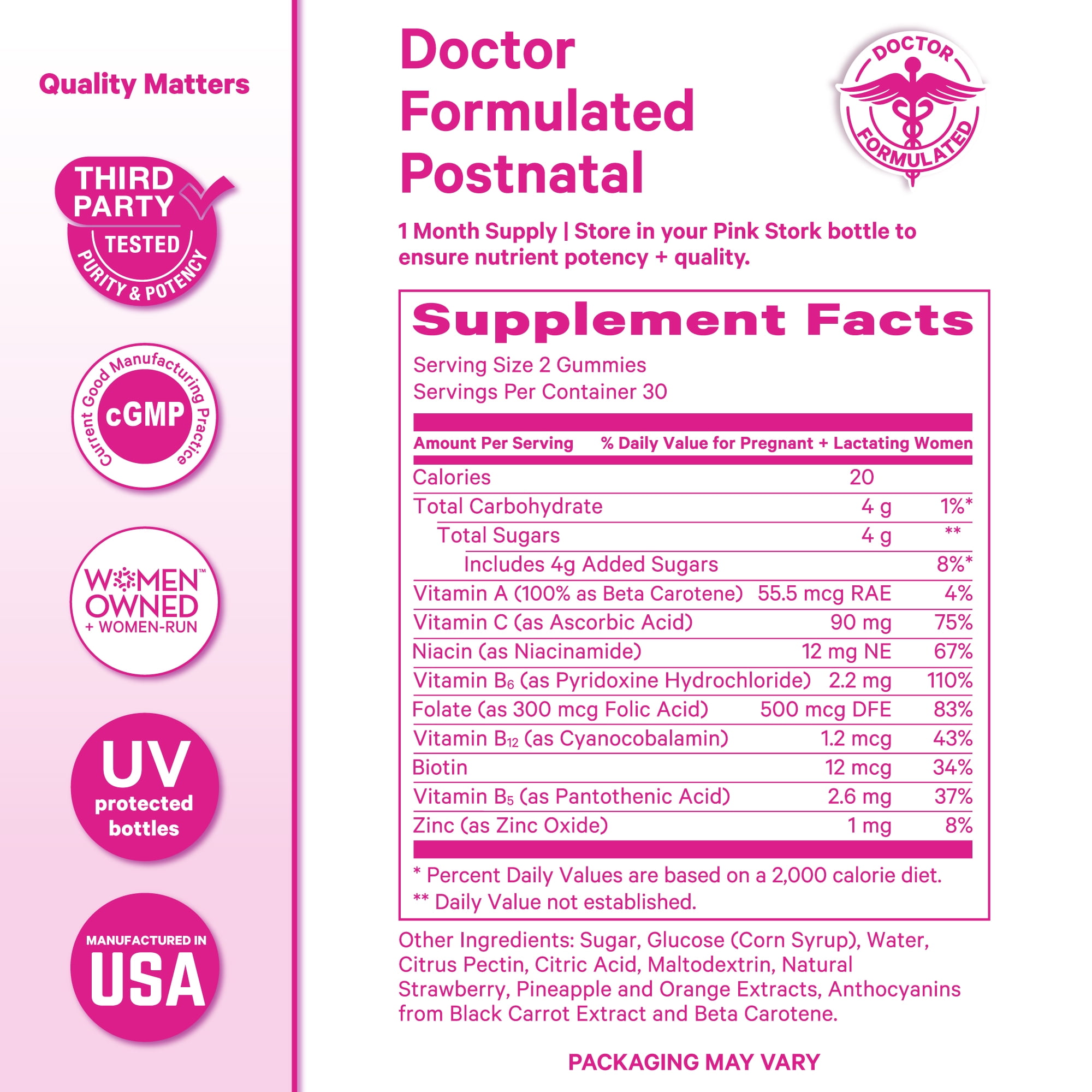 Pink Stork Postnatal Gummies, Multivitamin for Nursing Moms, Lactation Supplement with Folate, 60ct