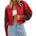 thumbnail image 4 of Womens Faux Leather Bomber Jackets Cropped Zip Up Color Block Fall Casual Moto Biker Coats, 4 of 6