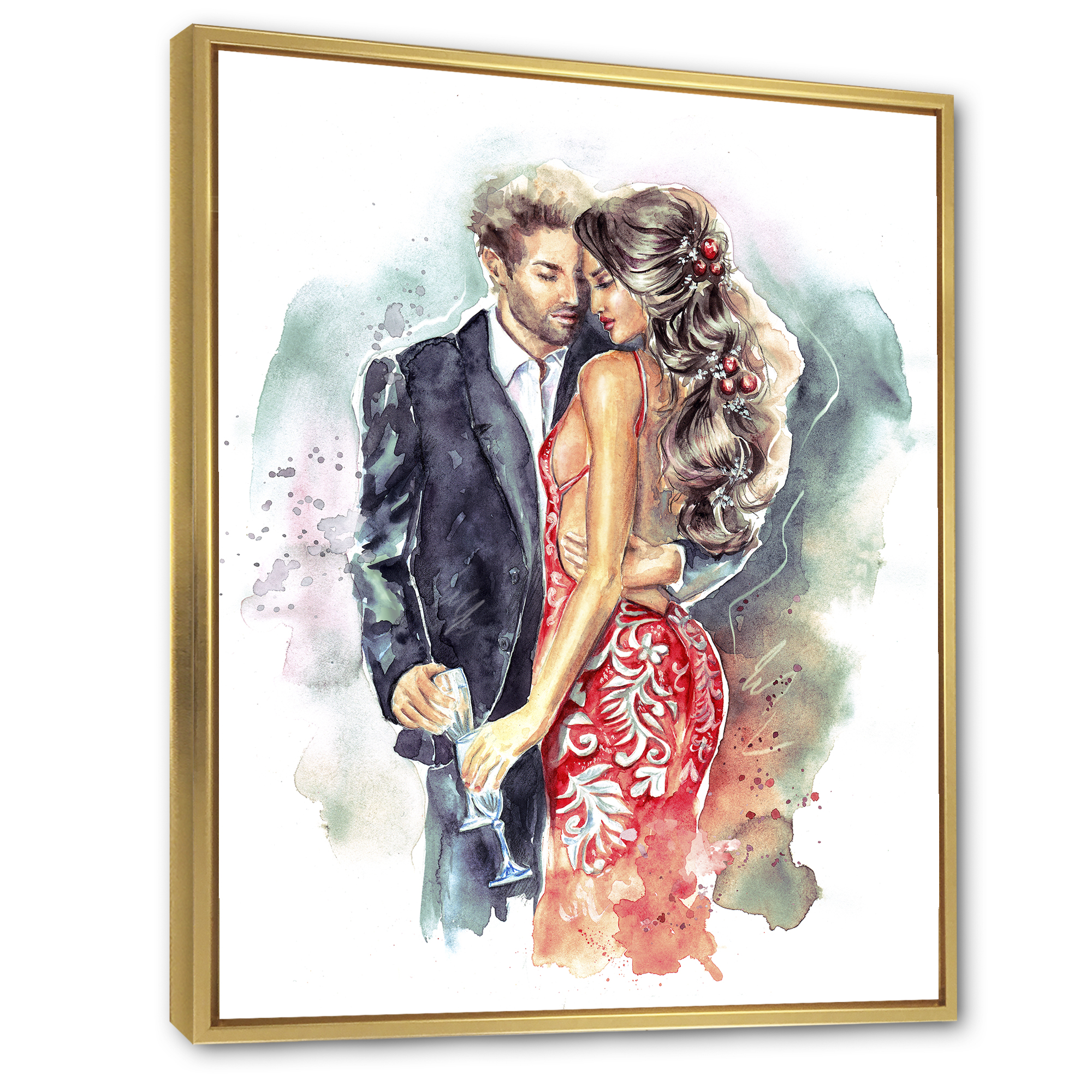 Romantic Couple Ith Champagne Glasses At New Year Party 30 in x 40 in Framed Painting Canvas Art Print, by Designart