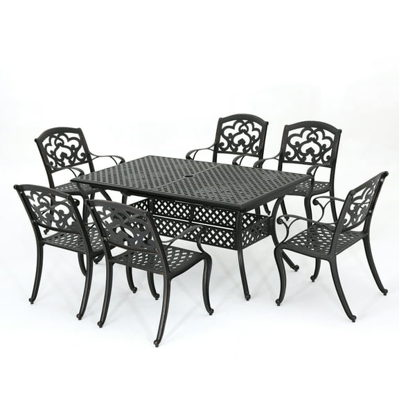 GDF Studio Blaeberry Outdoor Cast Aluminum 7 Piece Expandable Dining Set, Shiny Copper