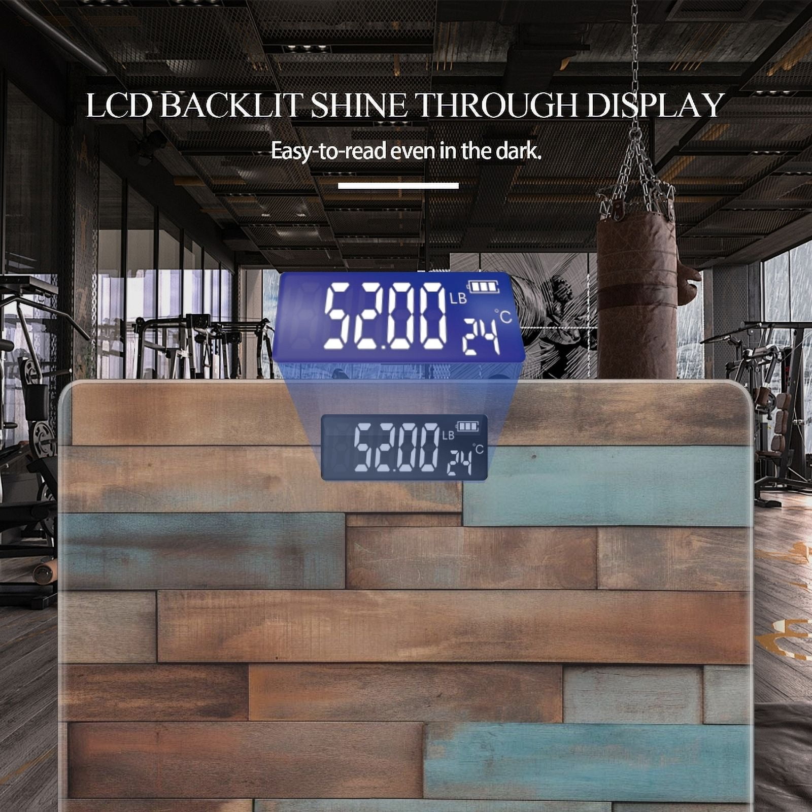 Bathroom Scale, Highly Accurate Digital Body Scale,Precisely Measures Weight up to 400 lbs-Wooden Wall Texture With Blue And Brown Color Palette