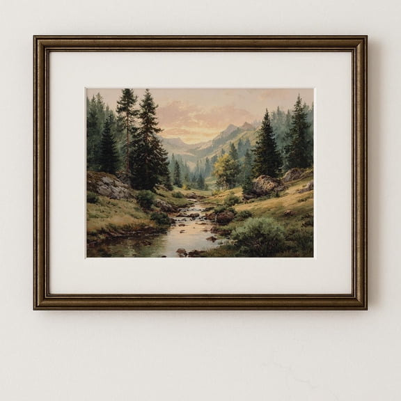 Mountain Wall Art Landscape Print Poster Wall Decor, Serene Stream in Pine Forest, Earthy Nature Scene, Mountain Wall Decor 60, Size 8x12 UNFFRAMED F03.1.6l3097