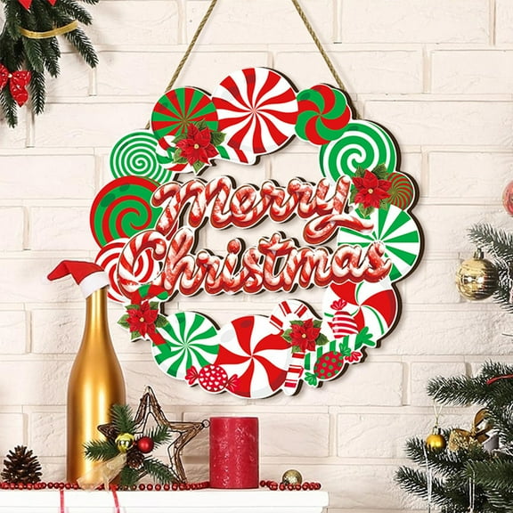 New 11" Merry Christmas Wreath Pendant, Xmas Wooden Front Door Welcome Wreath, Party Decorative Ornament