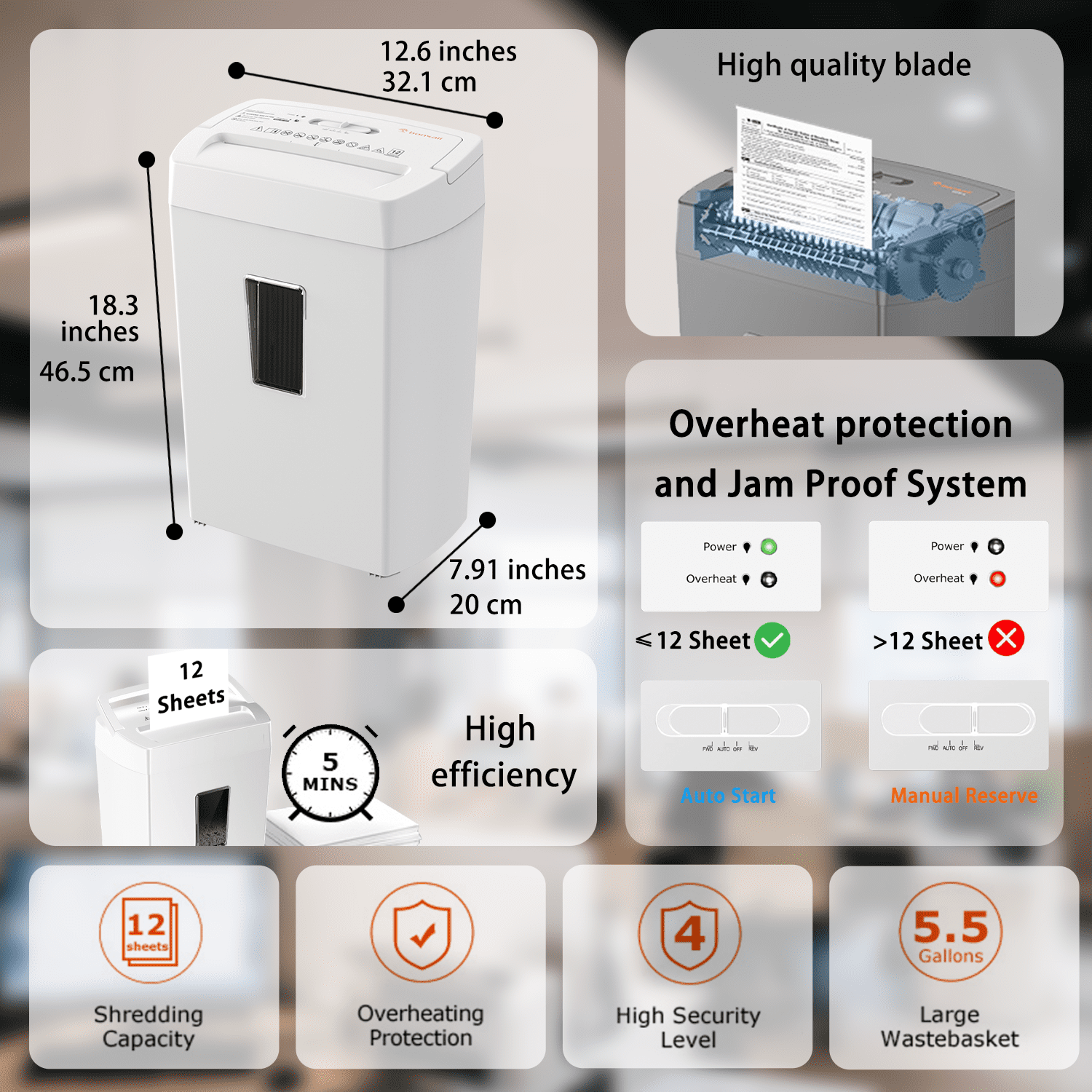 Bonsaii 12-Sheet Heavy-Duty Paper Shredder, P-4 Security, 5.5-Gallon Bin for Home/Office