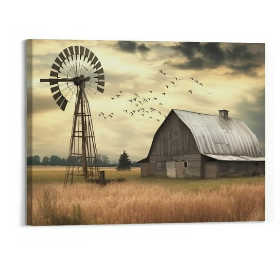 Shiartex Farmhouse Old Barn Canvas Wall Art, Farmhouse Pictures Wall Decor, Vintage Barn and Windmill Pictures Canvas Wall Art Rustic Wall Art for Country Room Decor Farmhouse  Wall Decor 20x16 In