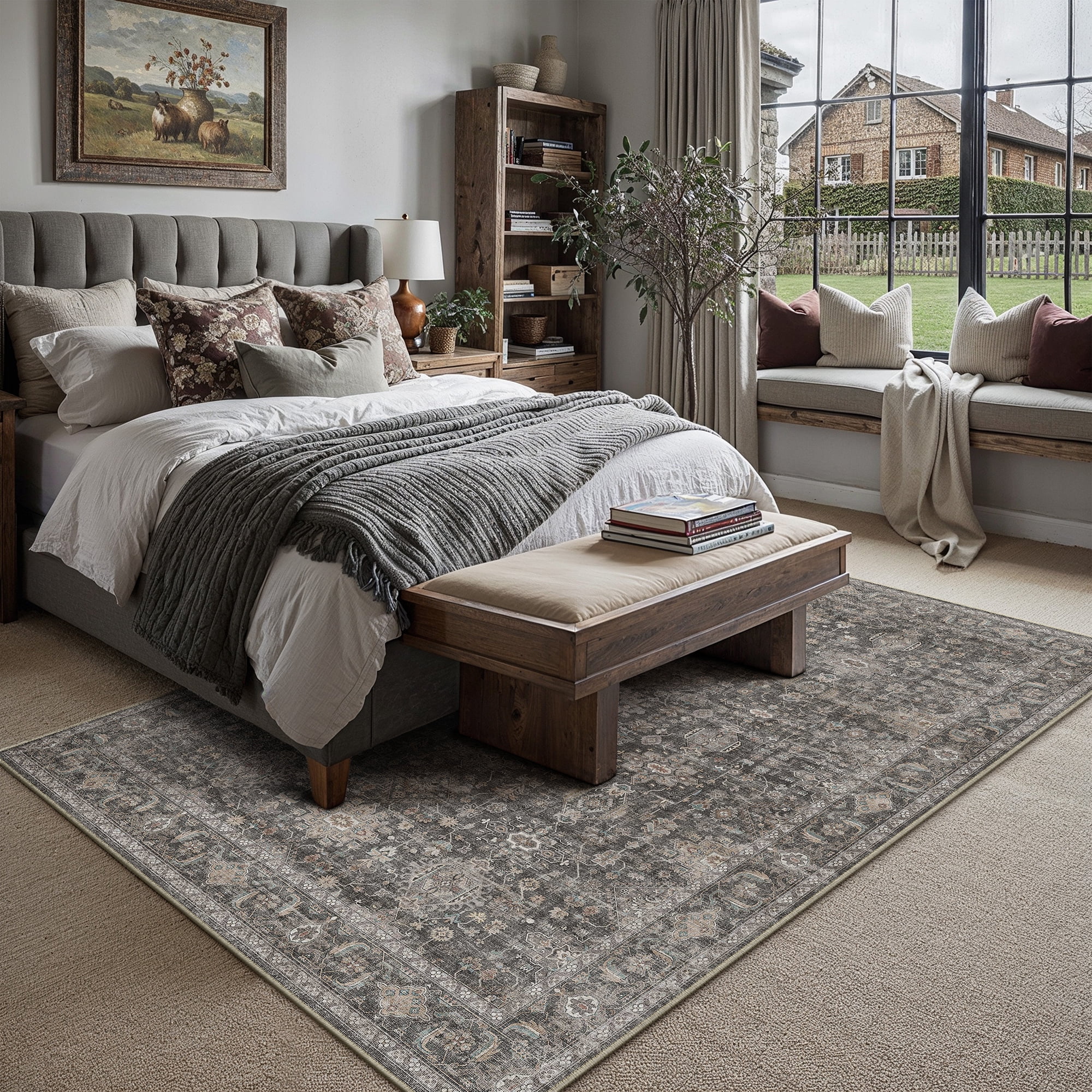 BERTHMEER 8'x10' Area Rugs for Living Room Dining Room Bedroom Farmhouse Office Oriental Vintage Traditional Carpets Non Slip Machine Washable Large Rugs, Black
