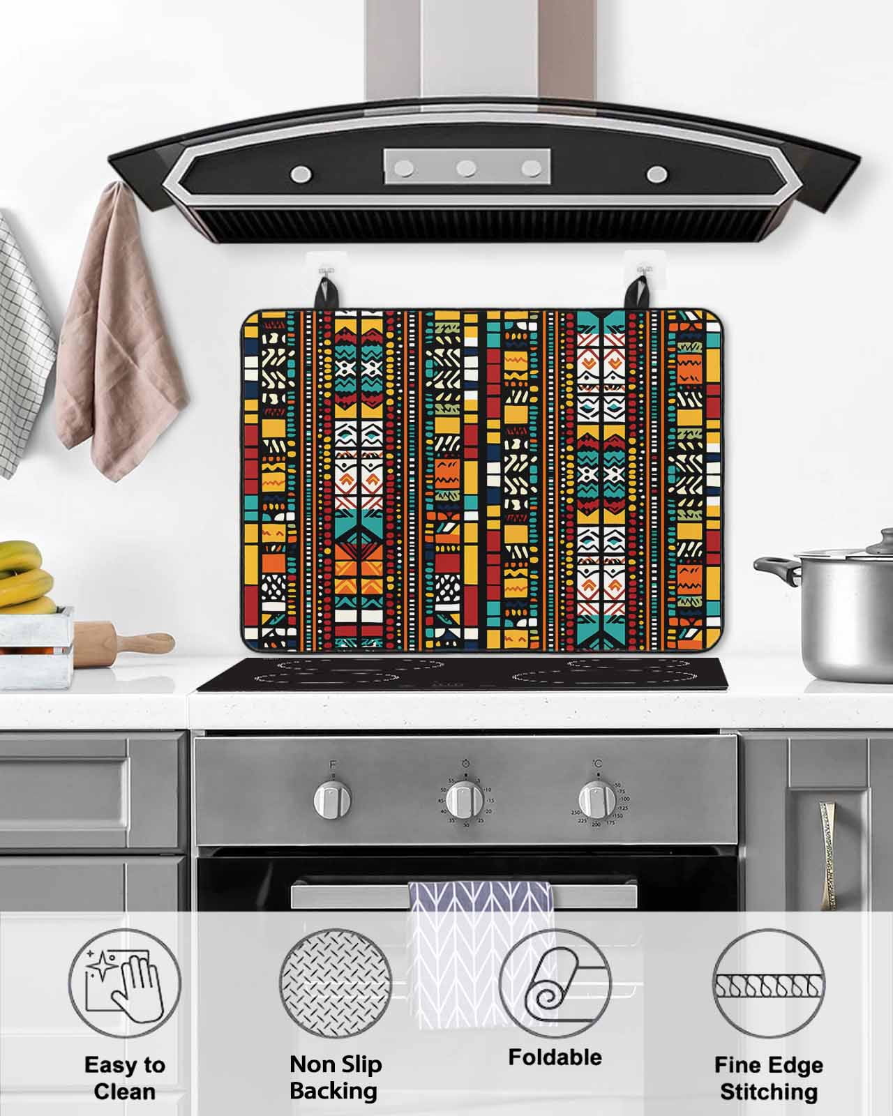 nqOlkjepod Large Induction Cooktop Protector Mat 36"x21", Colorful Boho Stove Top Covers for Electric Stove, Farmhouse Abstract Geometric Ethnic Art Stove Burner Cover Mats, Glass Top Stove Cover