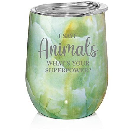 

12 oz Double Wall Vacuum Insulated Stainless Steel Stemless Wine Tumbler Glass Coffee Travel Mug With Lid I Save Animals Superpower Funny Vet Tech Veterinarian (Turquoise Green Marble)