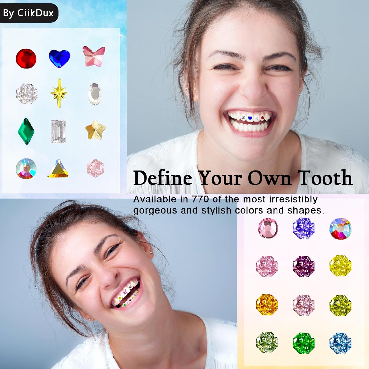 DIY Tooth Jewelry Kit - 770 Crystals, 12 Shapes Bedazzle Gems, Teeth Jewelry Starter Set