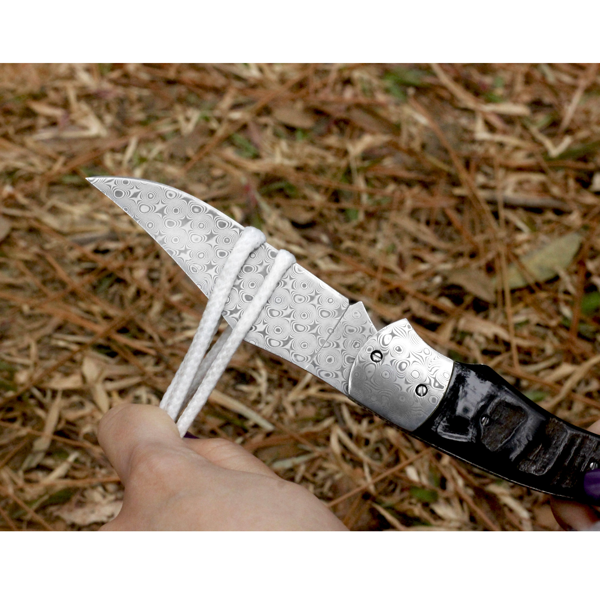 YOUSUNLONG Pocket Knife - Camping Knife Overall 205mm Damascus Steel Black Buffalo Horn Handle